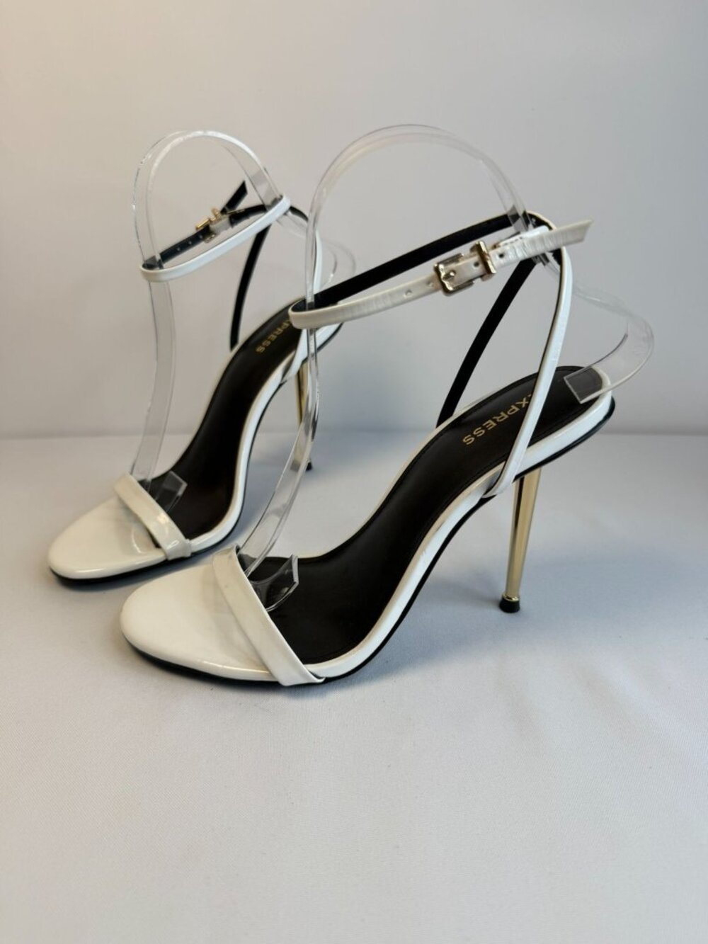 Express Strappy Sandals Women Size 7 White Faux Leather Gold Stiletto Heels
